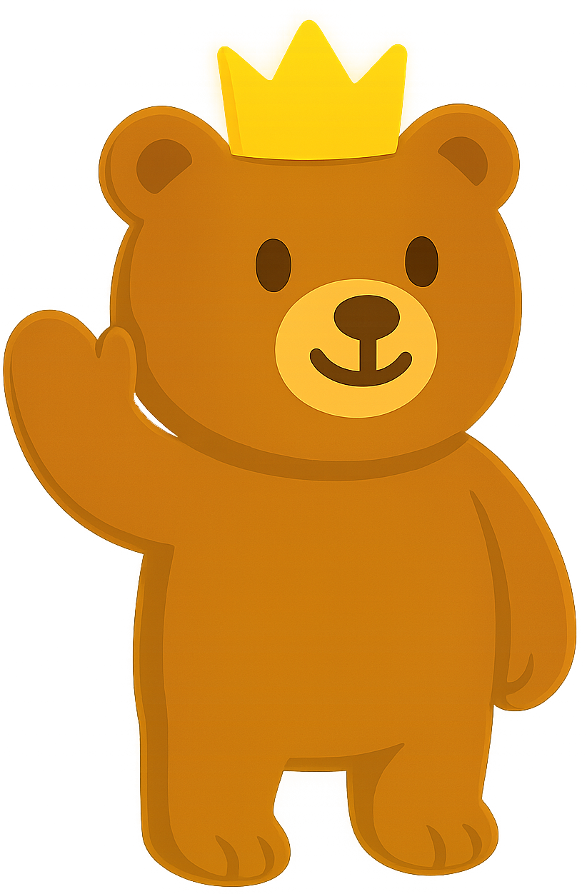 Crowned bear mascot waving
